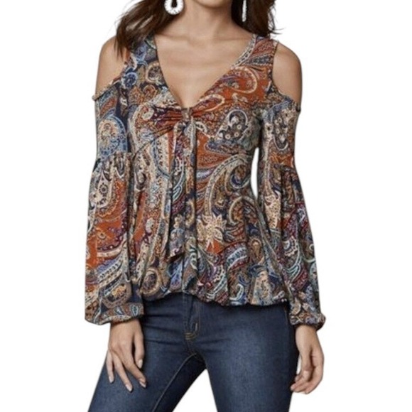 Venus Cold Shoulder Blouse Paisley Multicolor Casual Stretch Long Sleeve Plus 3X - Picture 1 of 11